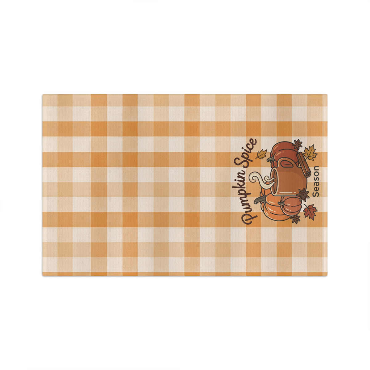 A rectangular placemat with an orange and cream gingham check pattern, featuring a 'Pumpkin Spice Season' graphic on the right side with a coffee mug, pumpkin, and autumn leaves.