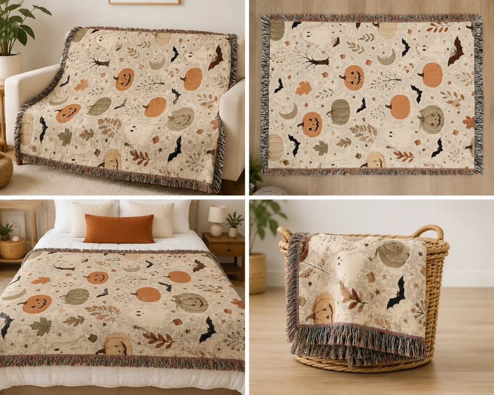 A four-panel collage showing a woven throw blanket with a Halloween print in multiple home settings. The blanket has a cream background with orange pumpkins, black bats, brown leaves, and beige moon and sun motifs, finished with dark fringe.