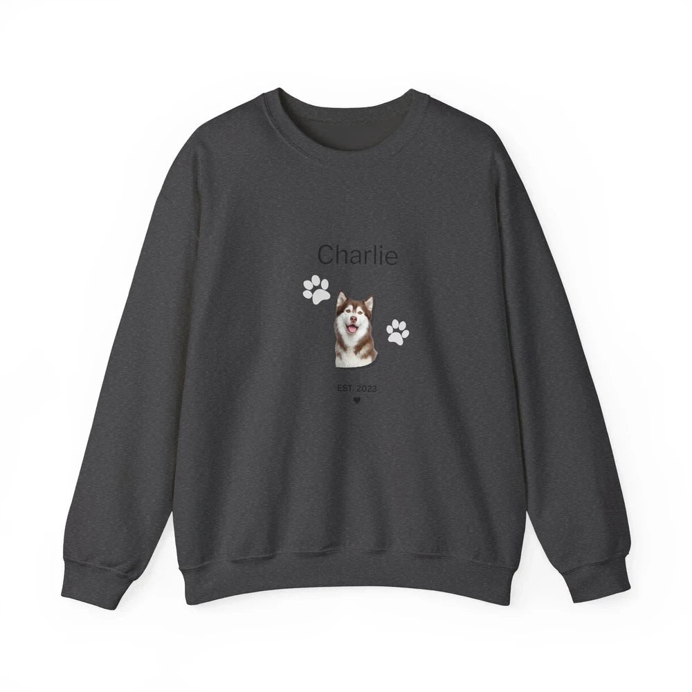 A dark gray crewneck sweatshirt featuring a custom graphic of a Shiba Inu dog with the name 'Charlie' and paw prints on the front, displayed against a plain white background.