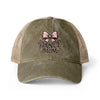 Brown trucker cap with text on a white background