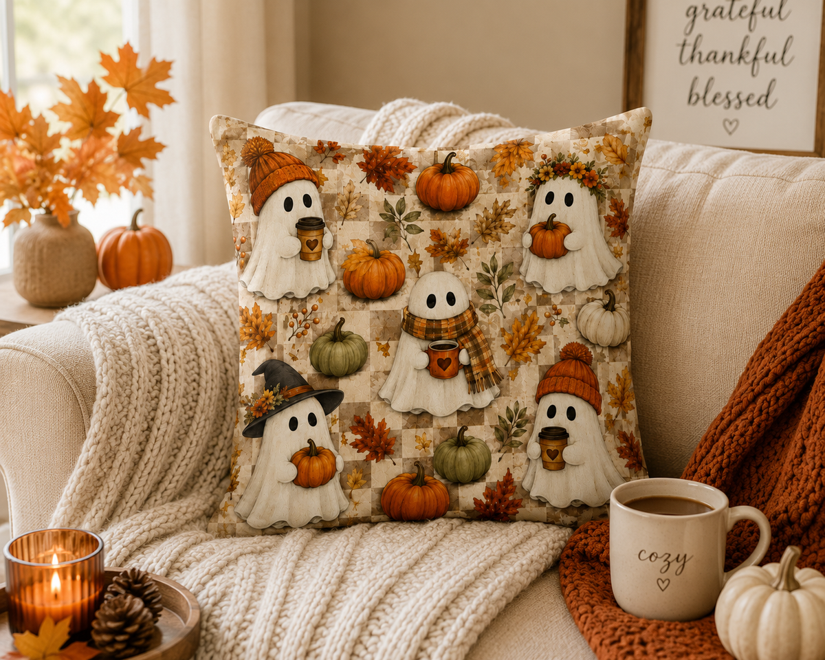 Autumn Patchwork Ghosts Throw Pillow Case | Pumpkin Leaves Cozy Fall