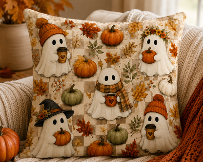 Autumn Patchwork Ghosts Throw Pillow Case | Pumpkin Leaves Cozy Fall