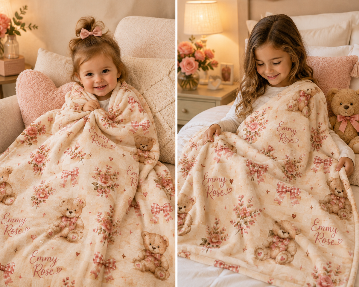 A split-screen lifestyle photo showing a young girl wrapped in a soft cream fleece blanket with a pink floral print and teddy bear motifs. The left panel shows her smiling while wrapped, and the right panel shows her holding the blanket on a bed.