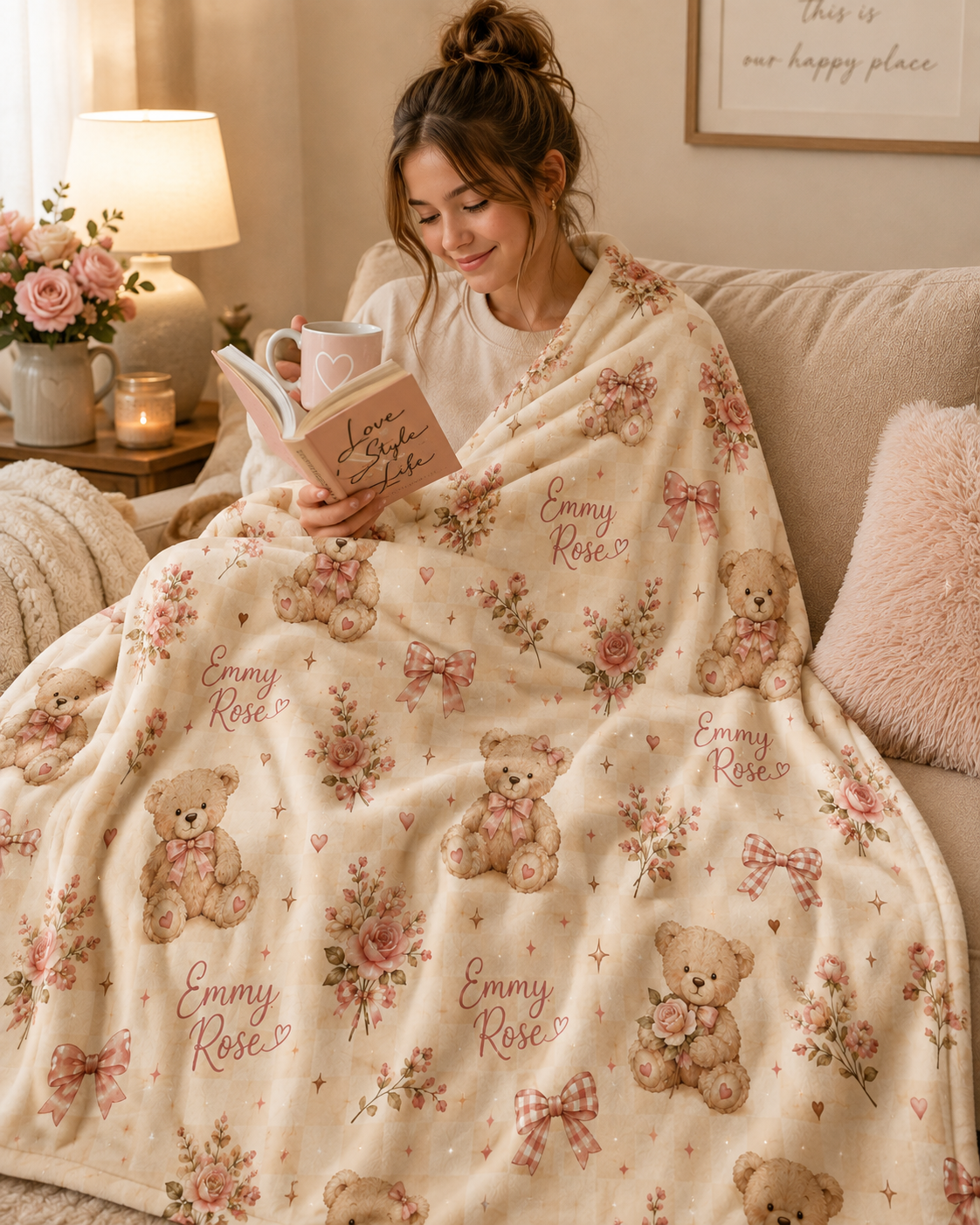 A woman sits on a beige sofa wrapped in a cream-colored fleece blanket printed with teddy bears, pink roses, bows, and the words 'Emmy Rose.' She is holding a pink book and mug in a cozy, warmly lit living room.