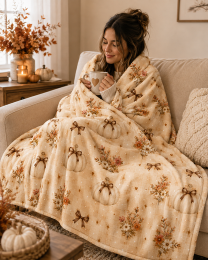 Cream Pumpkin Pattern Velveteen Plush Blanket | Rustic Fall Pumpkin Throw