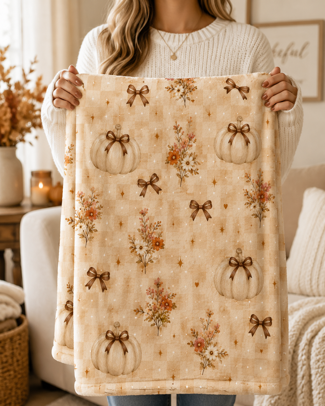 Cream Pumpkin Pattern Velveteen Plush Blanket | Rustic Fall Pumpkin Throw