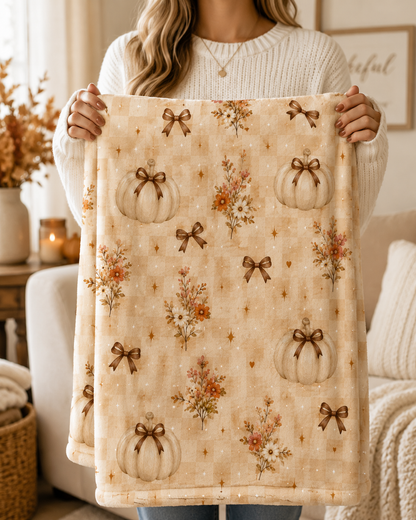 Cream Pumpkin Pattern Velveteen Plush Blanket | Rustic Fall Pumpkin Throw