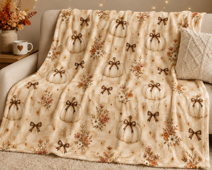 Cream Pumpkin Pattern Velveteen Plush Blanket | Rustic Fall Pumpkin Throw