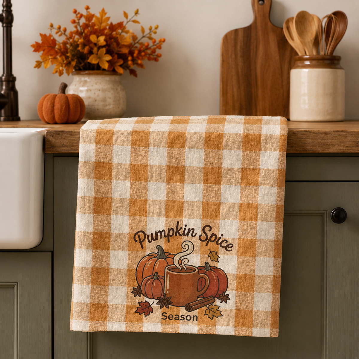 A kitchen towel with an orange and cream gingham pattern hangs over a green cabinet. The towel features a 'Pumpkin Spice Season' graphic with pumpkins, a mug, and autumn leaves.