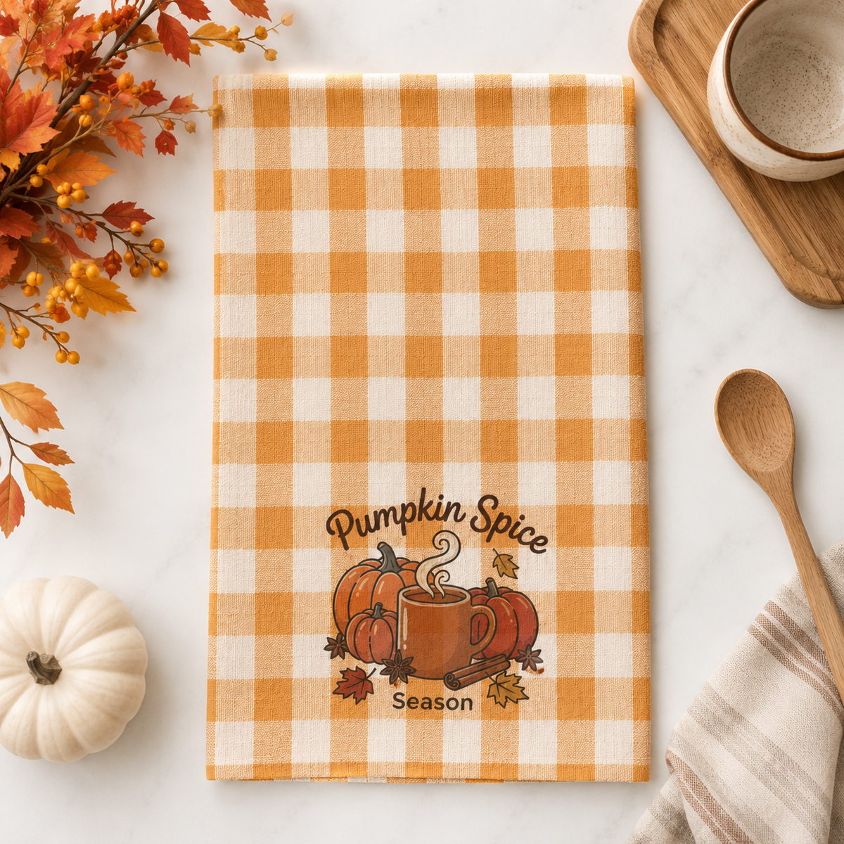 Pumpkin Spice Season Tea Towel | Checkered Fall Kitchen Towel