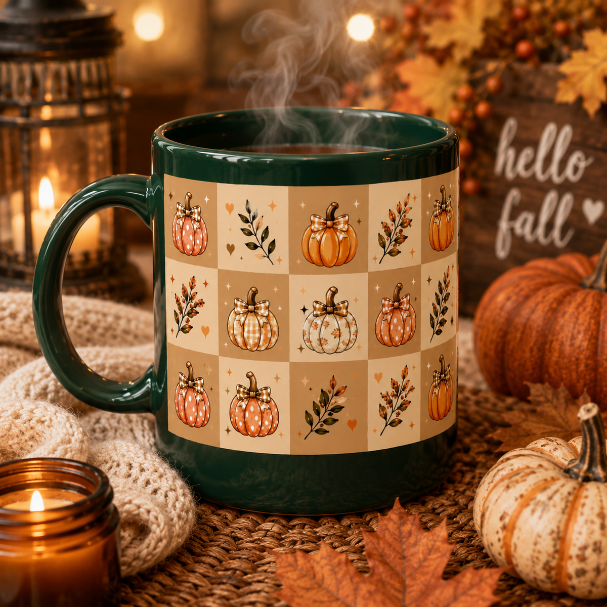 A dark green ceramic mug with a warm autumn-themed checkerboard pumpkin pattern, shown with steam rising as it sits on a woven table surrounded by fall decor, pumpkins, candles, and a sign reading 'hello fall'.