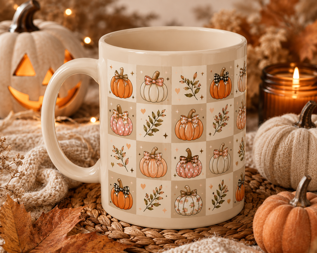 Autumn Patchwork Pumpkin Ceramic Mug — Fall Coffee Cup