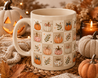 Autumn Patchwork Pumpkin Ceramic Mug — Fall Coffee Cup