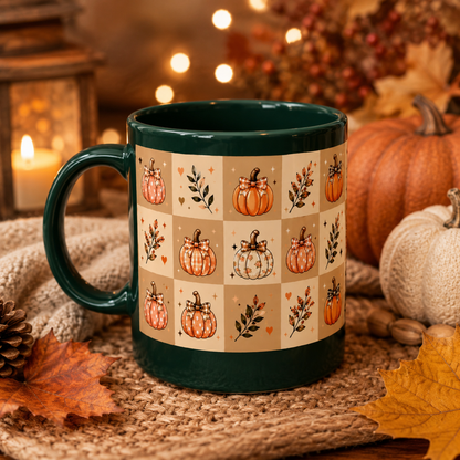 Autumn Patchwork Pumpkin Ceramic Mug — Fall Coffee Cup