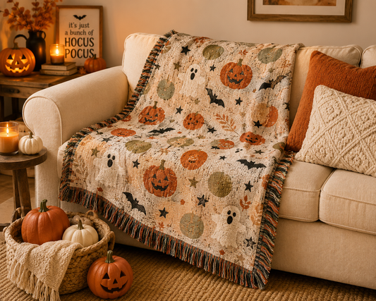 A cozy beige throw blanket with a Halloween print of pumpkins, bats, ghosts, and stars is draped over a cream-colored sofa in a warmly lit living room. The blanket features a fringed edge and is styled with seasonal props including pumpkins, candles, and pillows.
