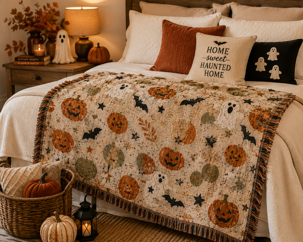 A cozy Halloween-themed quilted throw blanket draped over a bed in a warmly lit bedroom. The blanket features a cream background with embroidered-style orange pumpkins, black bats, white ghosts, and muted green leaves.