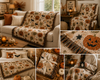A collage showing a cozy Halloween-themed quilted blanket with a jack-o'-lantern and bat pattern, styled in living room, bedroom, and lap scenes. The blanket has a cream background with orange, brown, and black motifs and dark fringe.