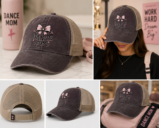 Dance Mom Trucker Hat | Vintage Washed Mesh Cap with Pink Bow